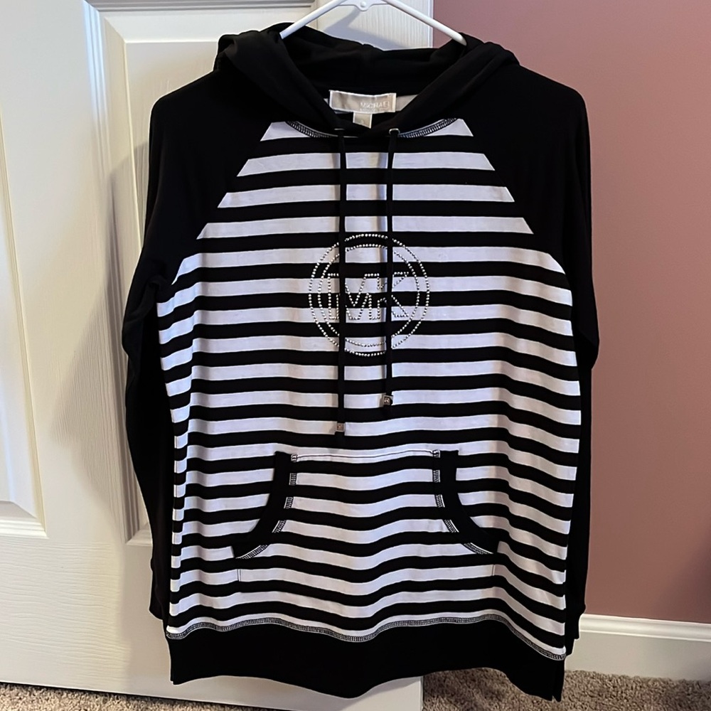 NEW Michael Kors Black & White Striped Hooded Long Sleeve Top Women’s Size Small